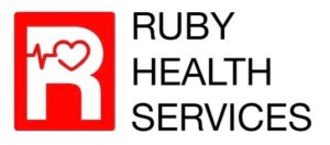 A red and white logo for ruby health services.